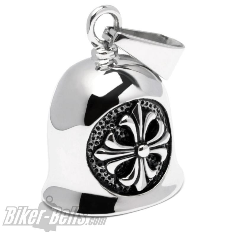 Biker-Bell aus Edelstahl mit Lilien-Kreuz Motorrad Glücksglocke silber Fleur de Lis